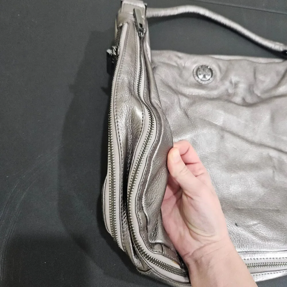 Tory Burch Metallic Gray Pebbled Leather Hobo Shoulder Bag Messenger Everyday
